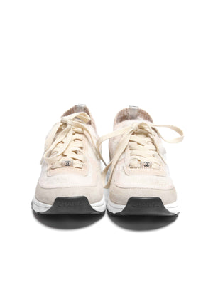 Chanel Grey/Beige Suede and Knit Fabric CC Low Top Sneakers Size 37.5