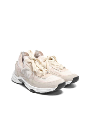 Chanel Grey/Beige Suede and Knit Fabric CC Low Top Sneakers Size 37.5