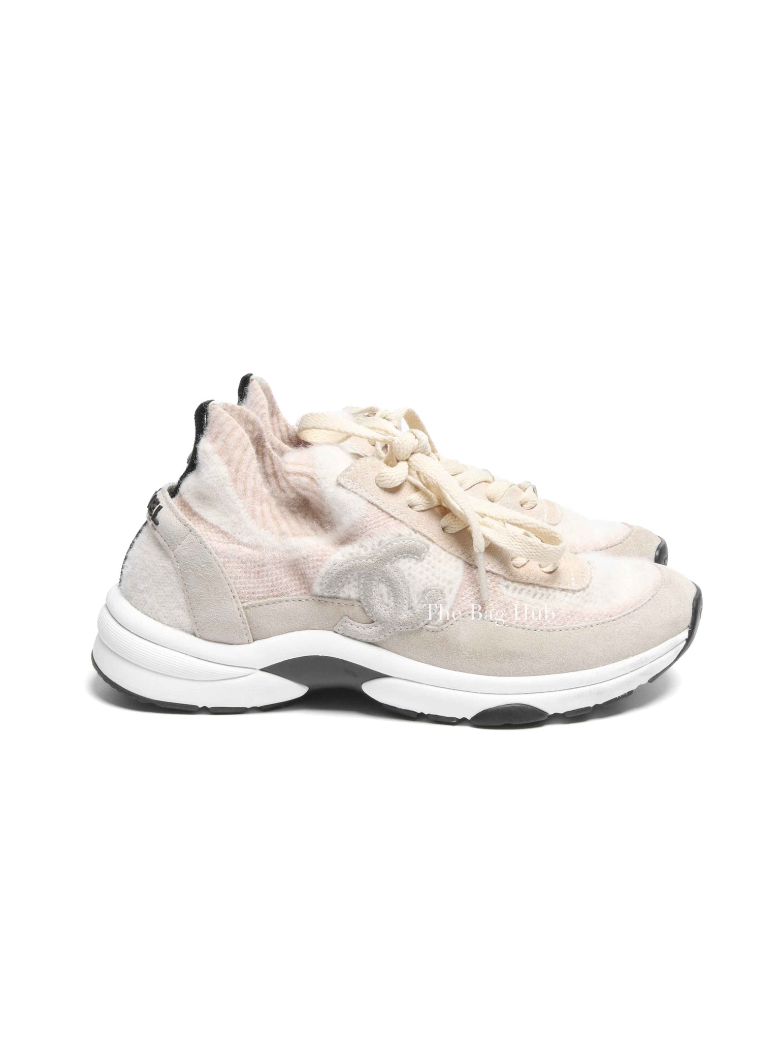 Chanel Grey/Beige Suede and Knit Fabric CC Low Top Sneakers Size 37.5