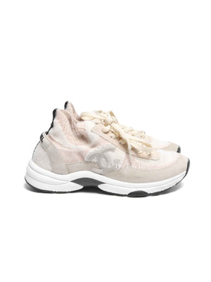 Chanel Grey/Beige Suede and Knit Fabric CC Low Top Sneakers Size 37.5