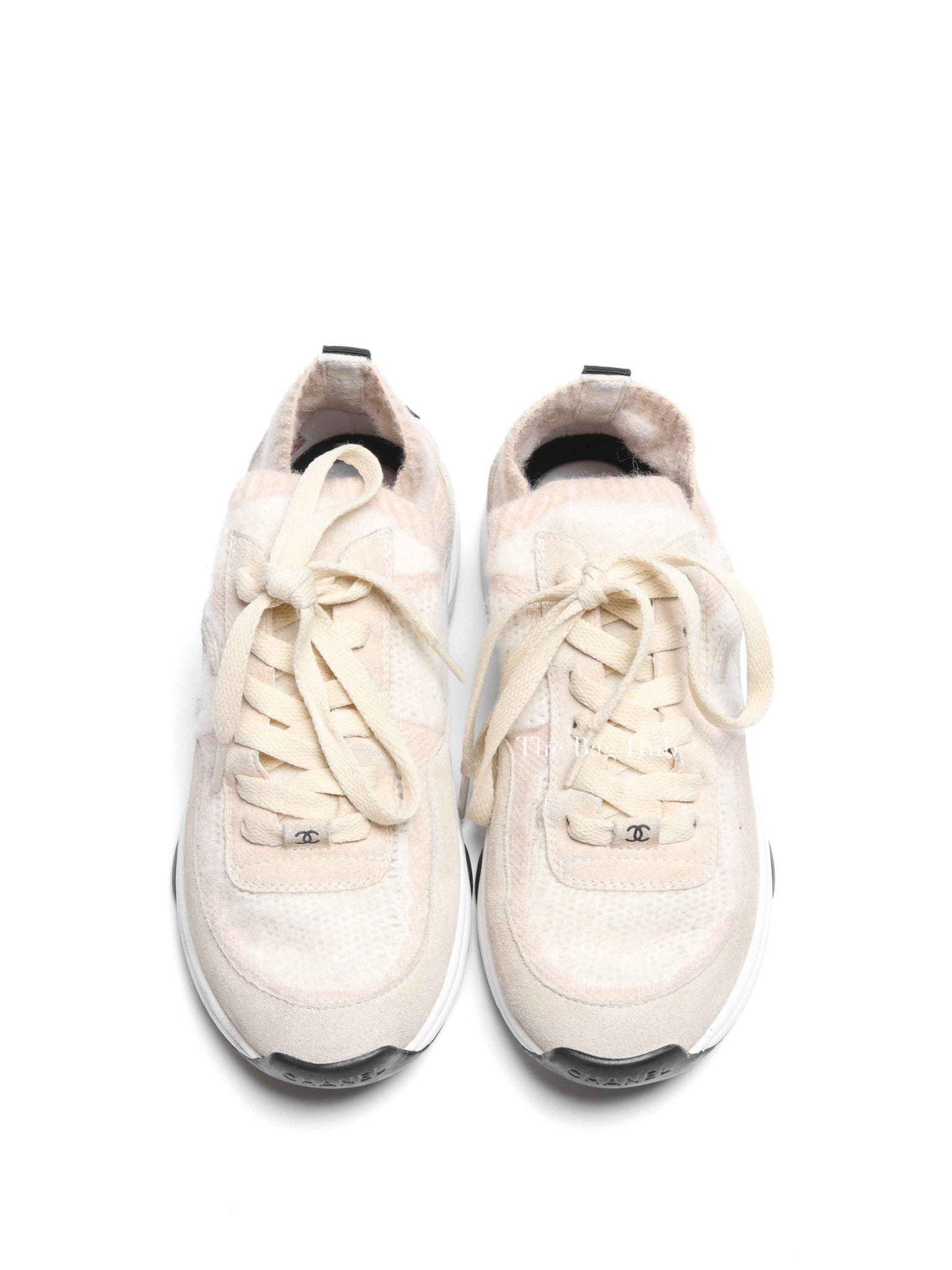 Chanel Grey/Beige Suede and Knit Fabric CC Low Top Sneakers Size 37.5