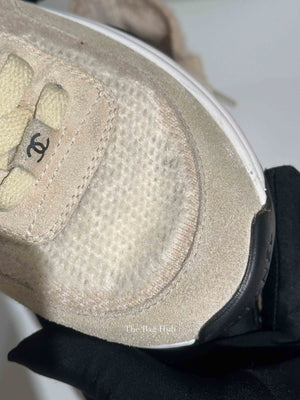 Chanel Grey/Beige Suede and Knit Fabric CC Low Top Sneakers Size 37.5