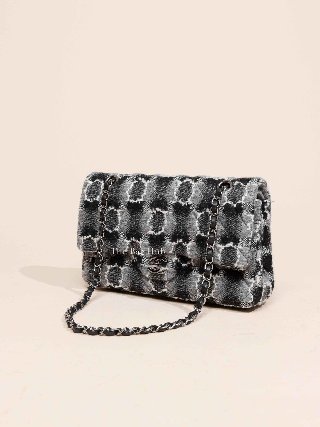 Chanel Black/Gray/White Tweed Medium Double Flap SHW