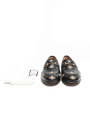 Gucci Black Leather Bee Jordaan Loafers Size 36