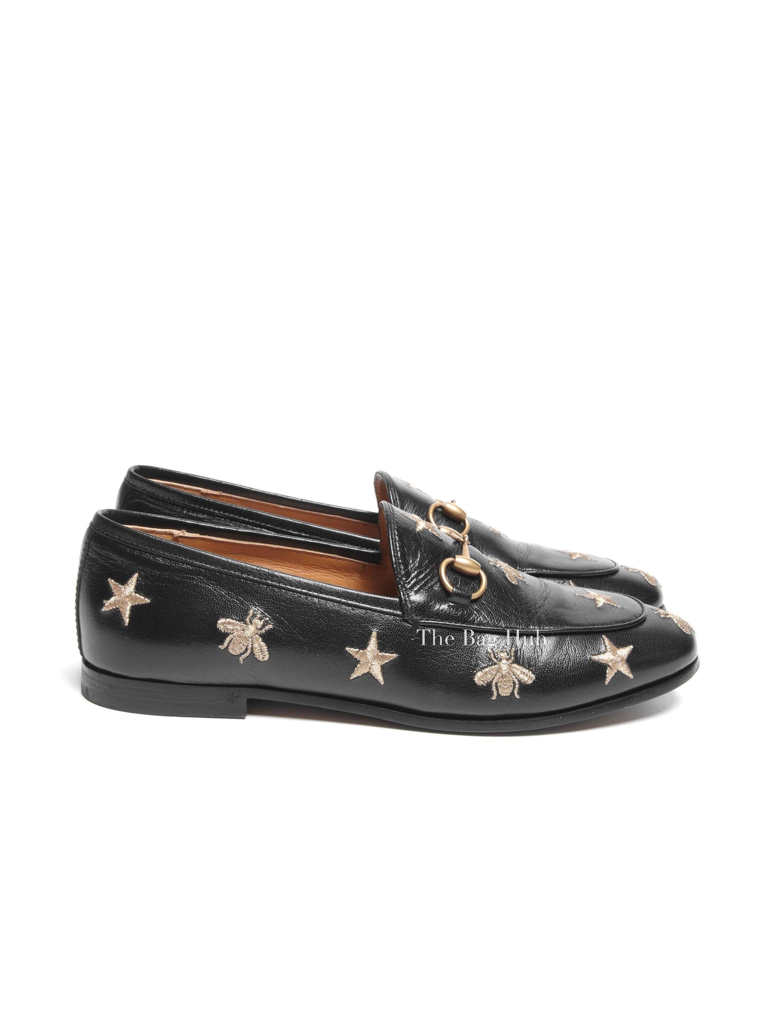 Gucci Black Leather Bee Jordaan Loafers Size 36