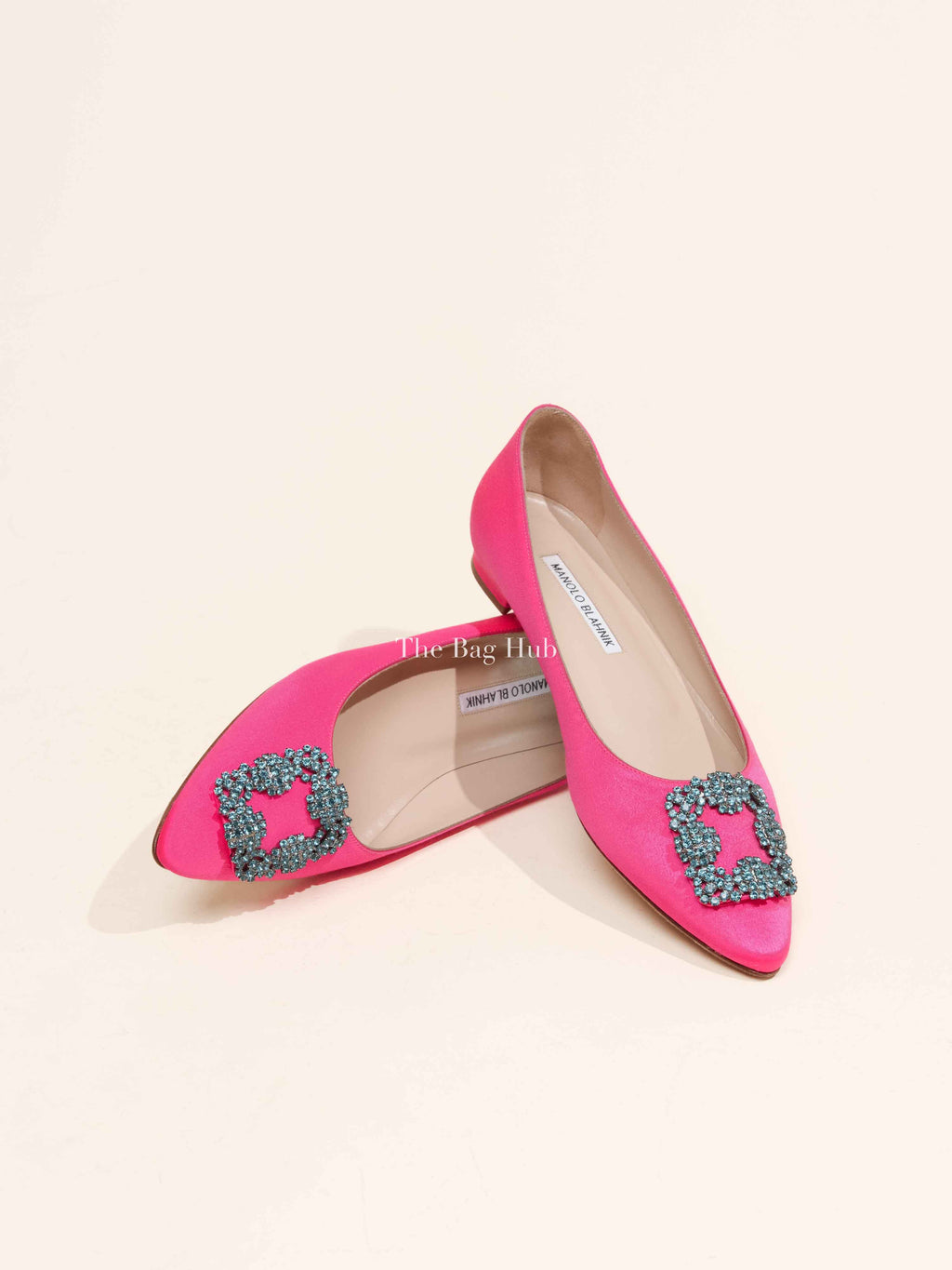 Manolo Blahnik Bright Pink Satin Blue Crystal Buckle Hangisi Flats Size 38