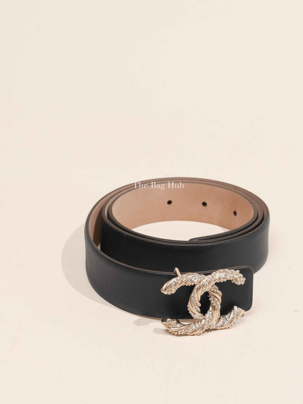 Chanel Black Leather Crystal Embellished CC Logo Buckle Belt Size 85