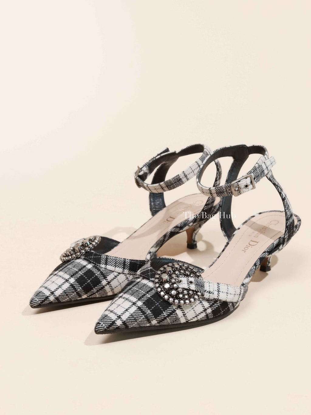 Dior Black/White Tartan Gang Ankle Strap Slingback Size 35.5D