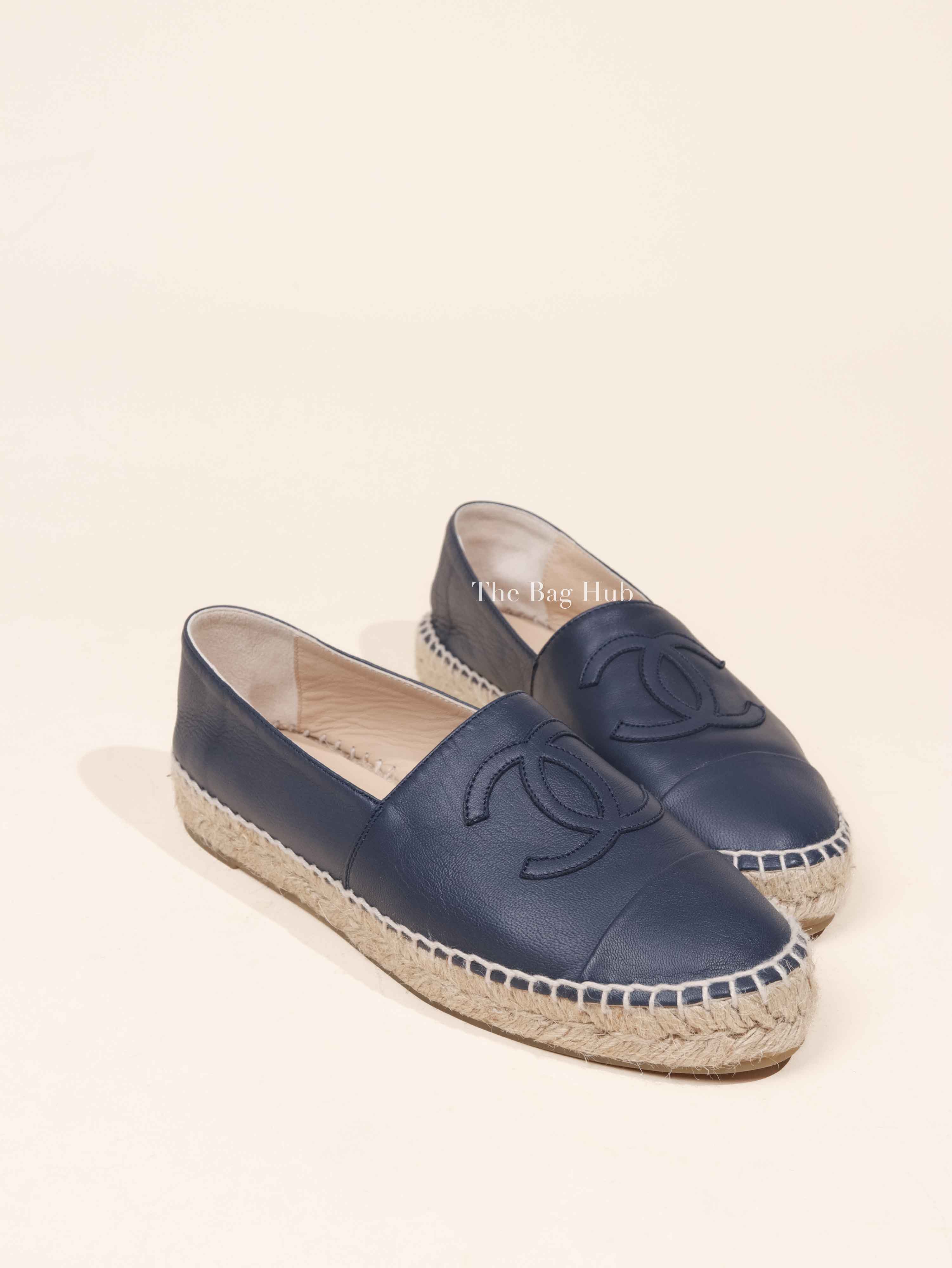 Chanel Navy Blue Leather CC Espadrilles Size 37 | Designer Brand