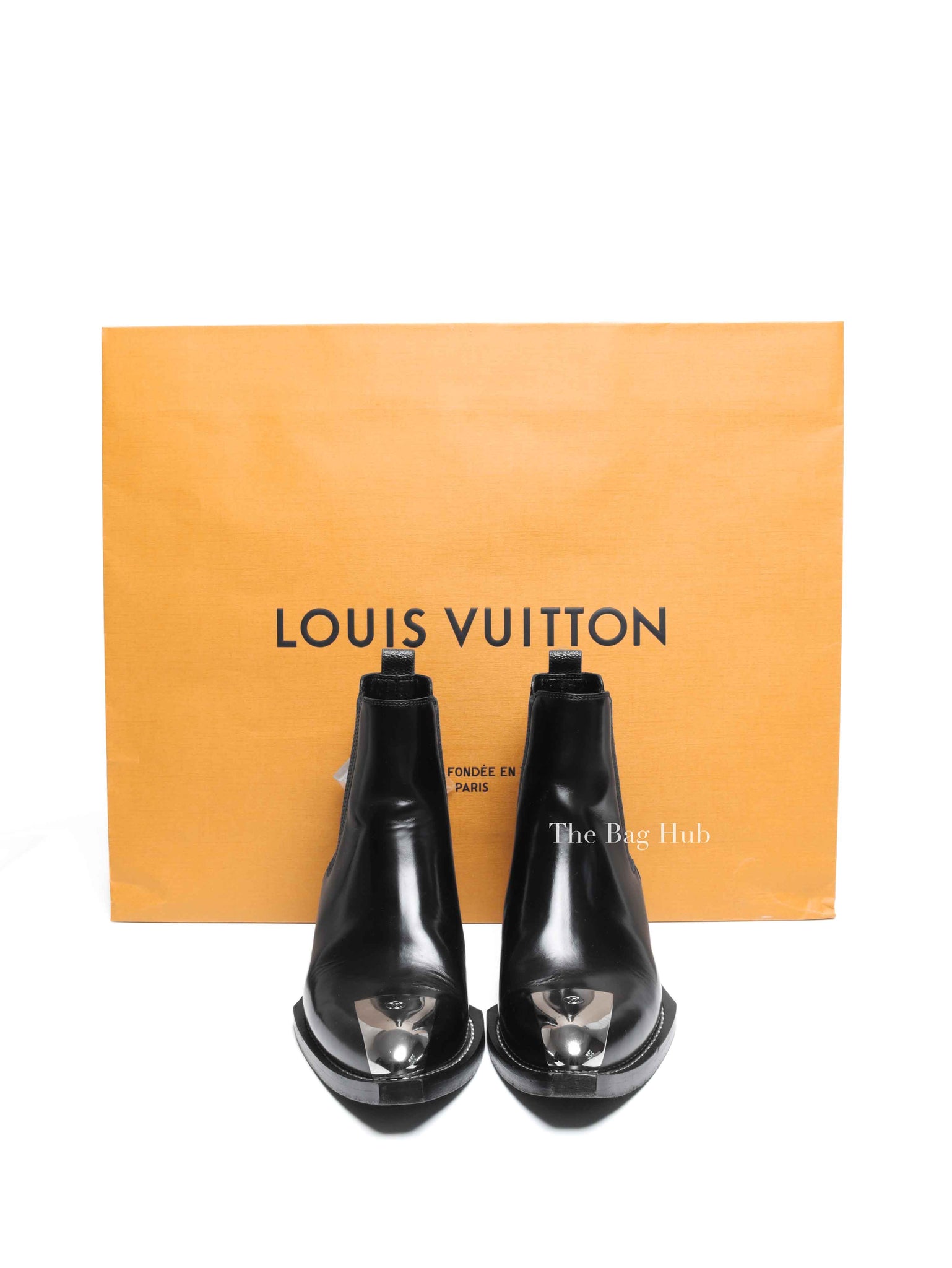 Louis Vuitton Black Leather Metal Captoe Cosplay Ankle Boots Size 38