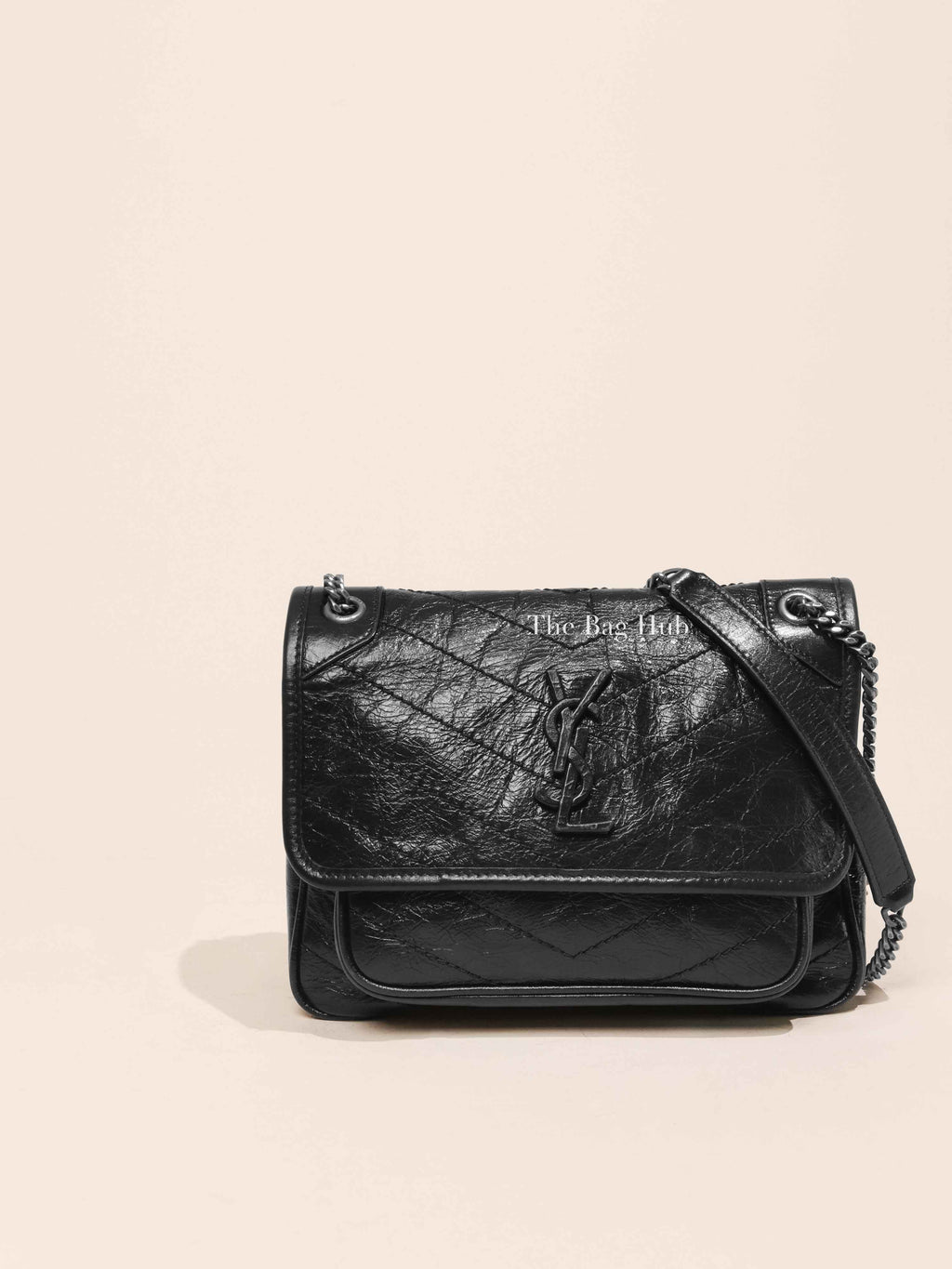Saint Laurent Black Crinkled Calfskin Matelasse Monogram Baby Niki Satchel Chain Bag