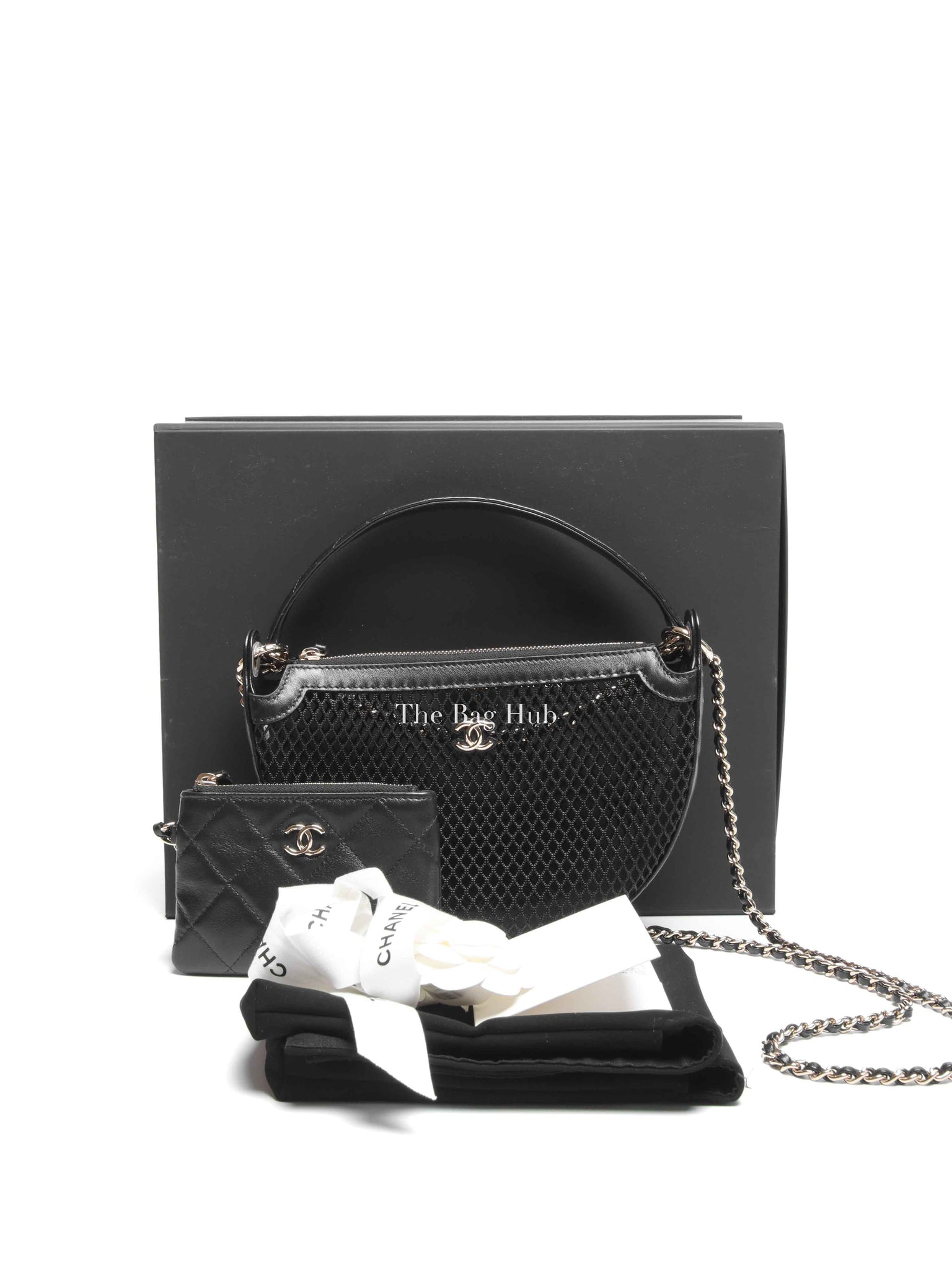 Chanel Black Shiny Lambskin Mesh Clutch With Chain Hobo Bag GHW