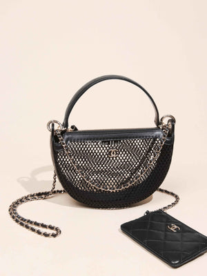 Chanel Black Shiny Lambskin Mesh Clutch With Chain Hobo Bag GHW