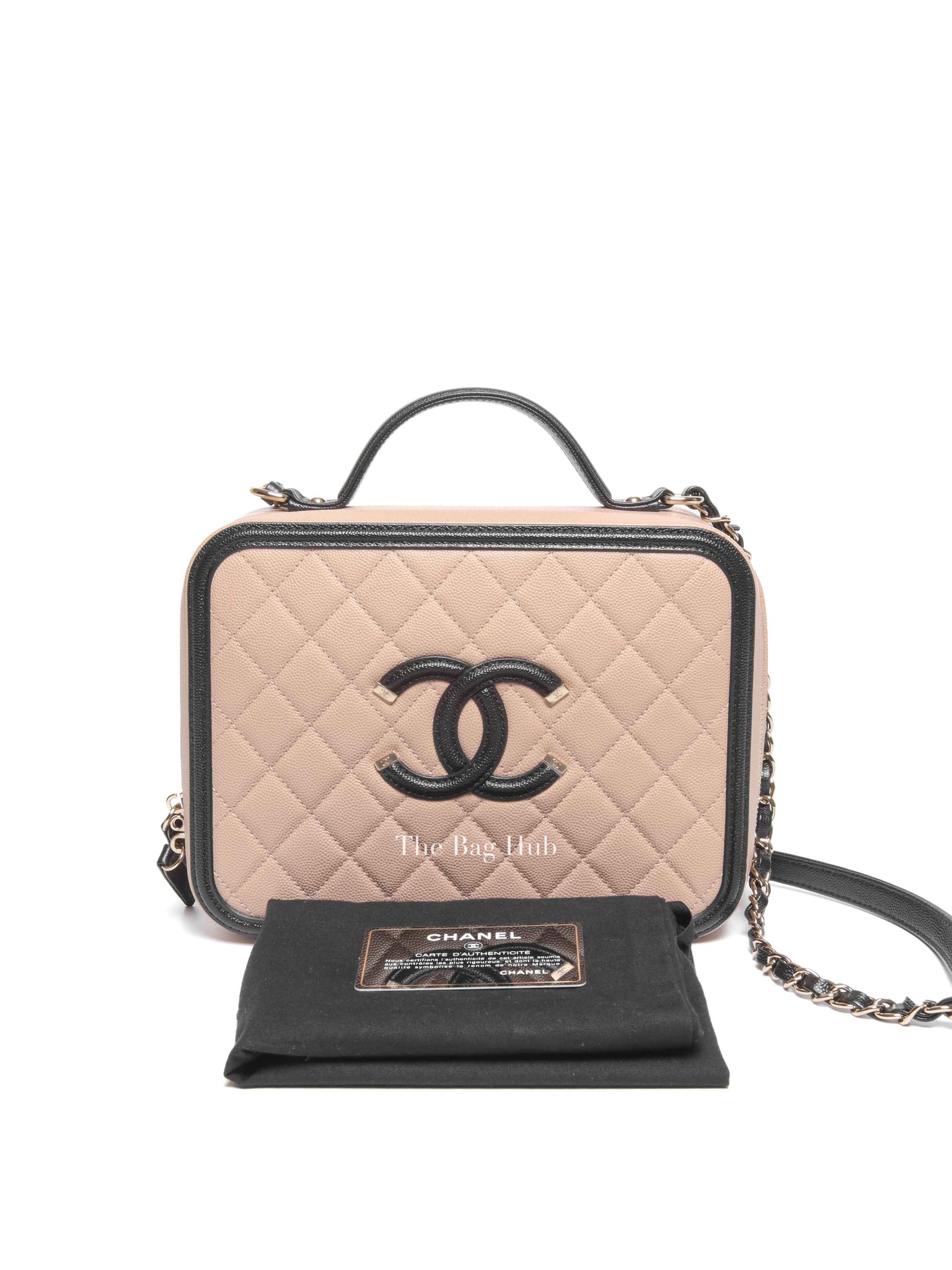 Chanel Beige Black Caviar Quilted Filigree Vanity Large Bag