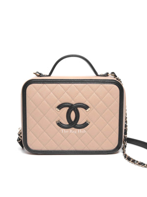 Chanel Beige Black Caviar Quilted Filigree Vanity Large Bag