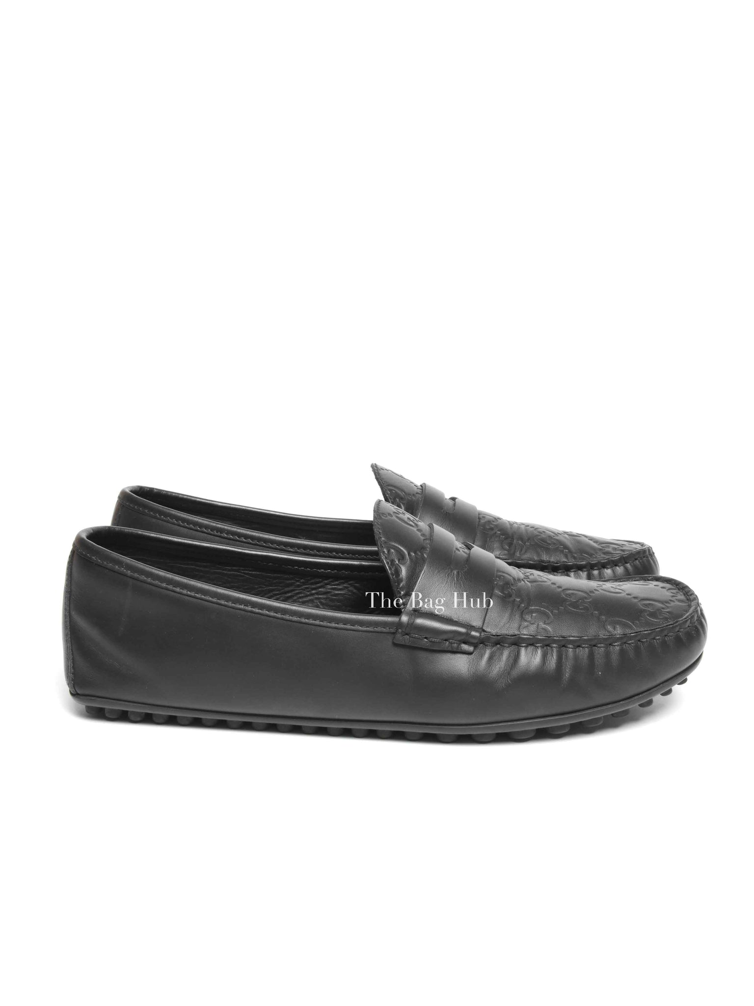 Gucci Black Calfskin Guccissima Mens Driver Loafers Size 8.5