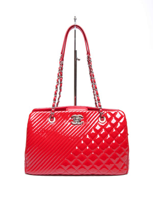 Chanel Red Quilted Patent Large Coco Boy Tote Bag