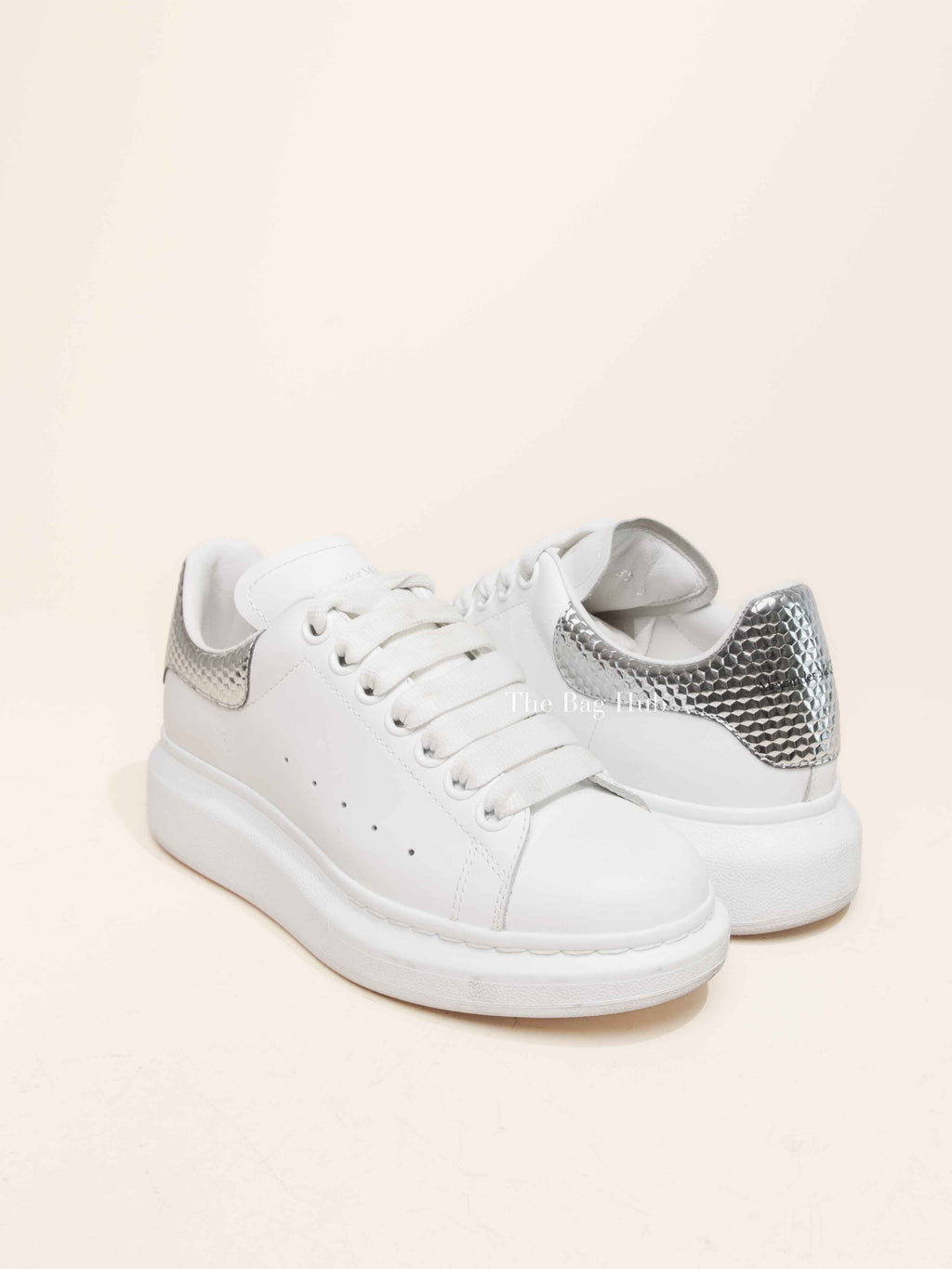 Alexander McQueen White/Silver Leather Oversized Sneakers Size 35
