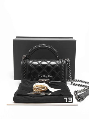 Chanel Charcoal Shiny Goatskin Quilted Small Boy Top Handle Flap Bag