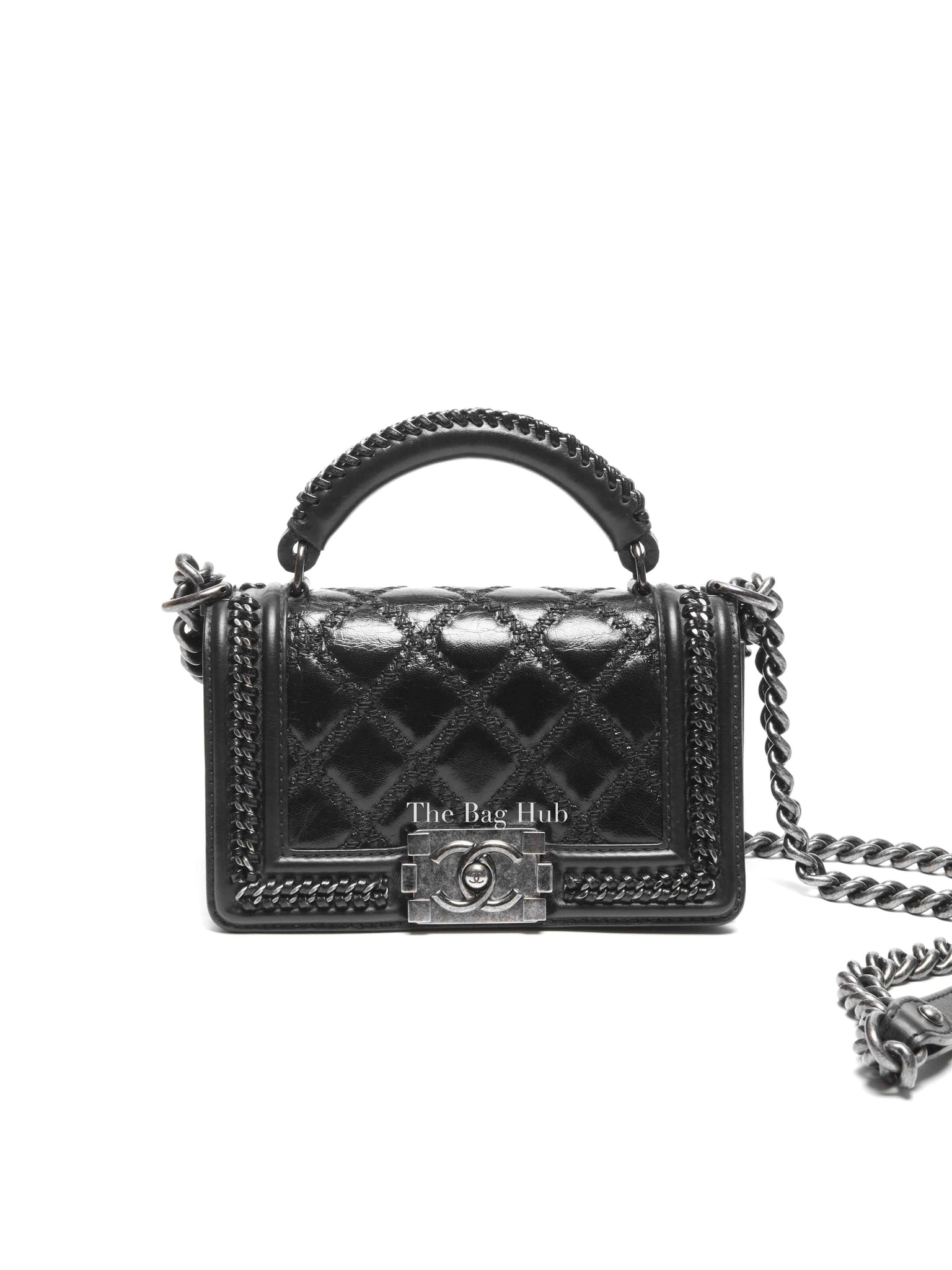 Chanel Charcoal Shiny Goatskin Quilted Small Boy Top Handle Flap Bag