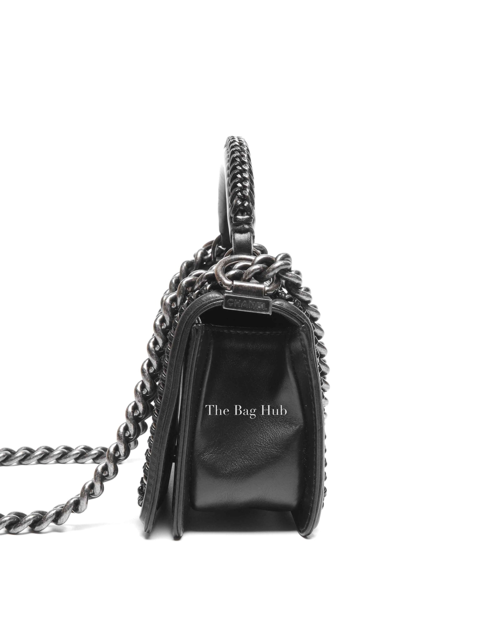 Chanel Charcoal Shiny Goatskin Quilted Small Boy Top Handle Flap Bag