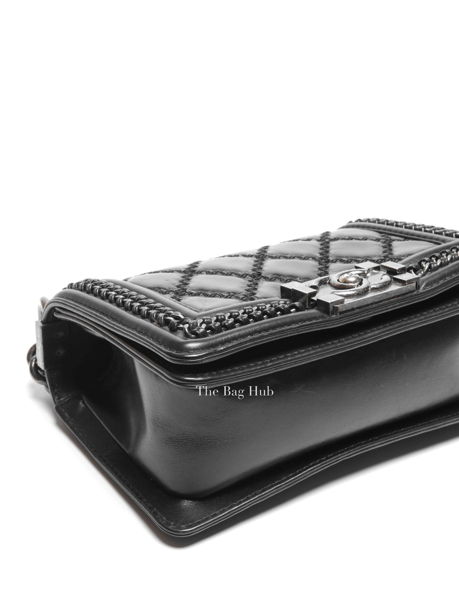 Chanel Charcoal Shiny Goatskin Quilted Small Boy Top Handle Flap Bag