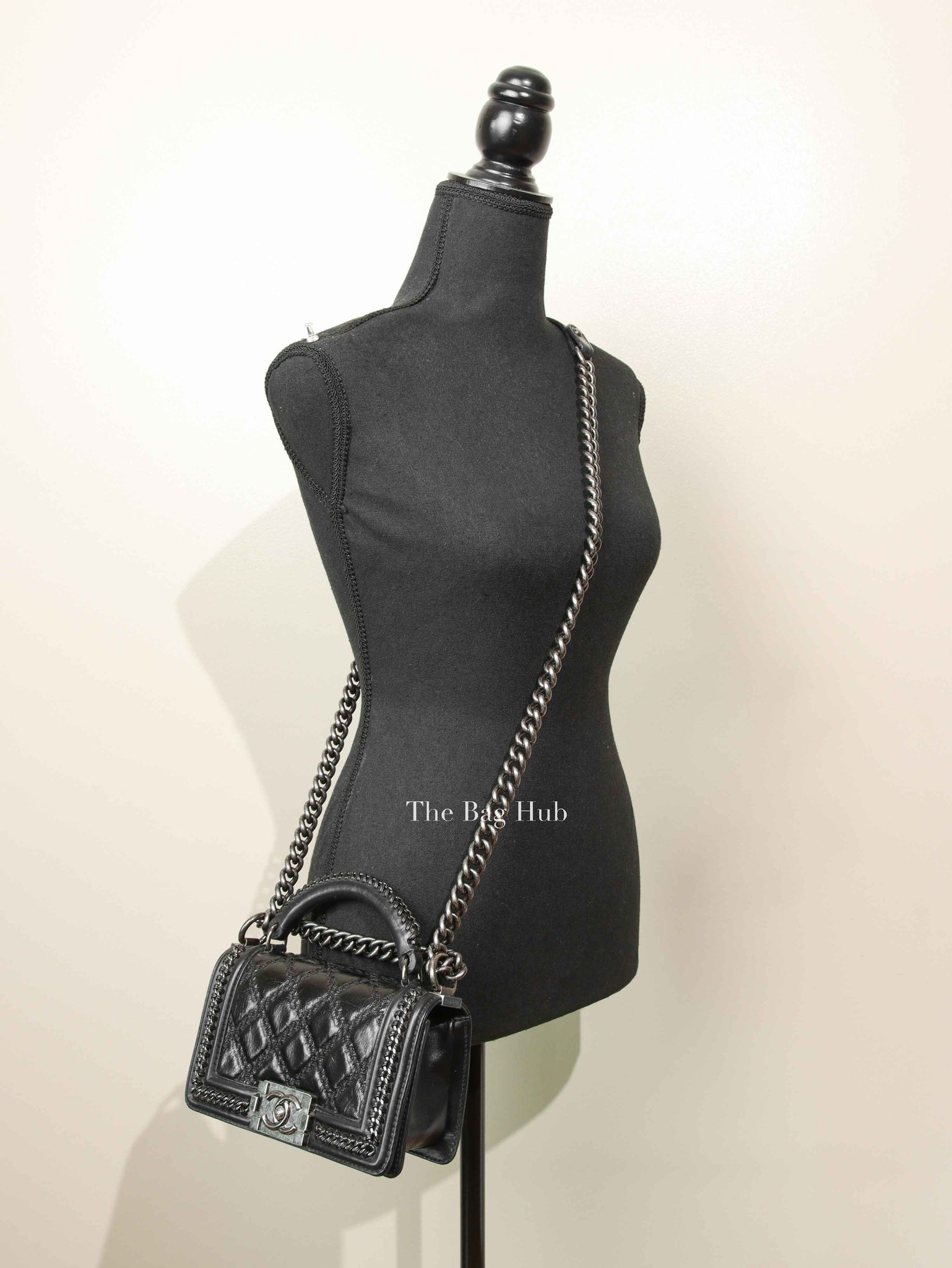 Chanel Charcoal Shiny Goatskin Quilted Small Boy Top Handle Flap Bag
