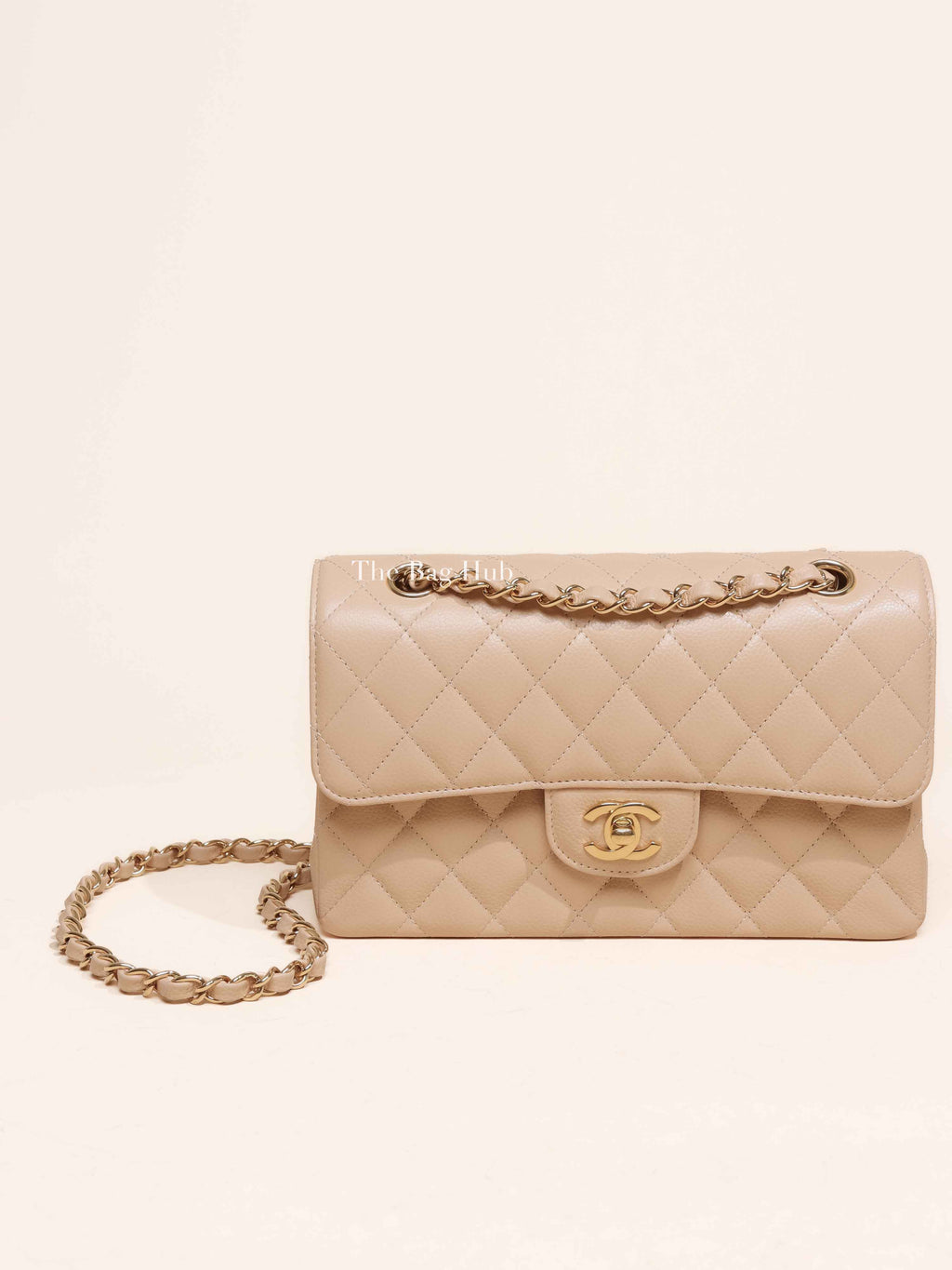 Chanel Light Beige Quilted Caviar Leather Small Classic Double Flap Bag