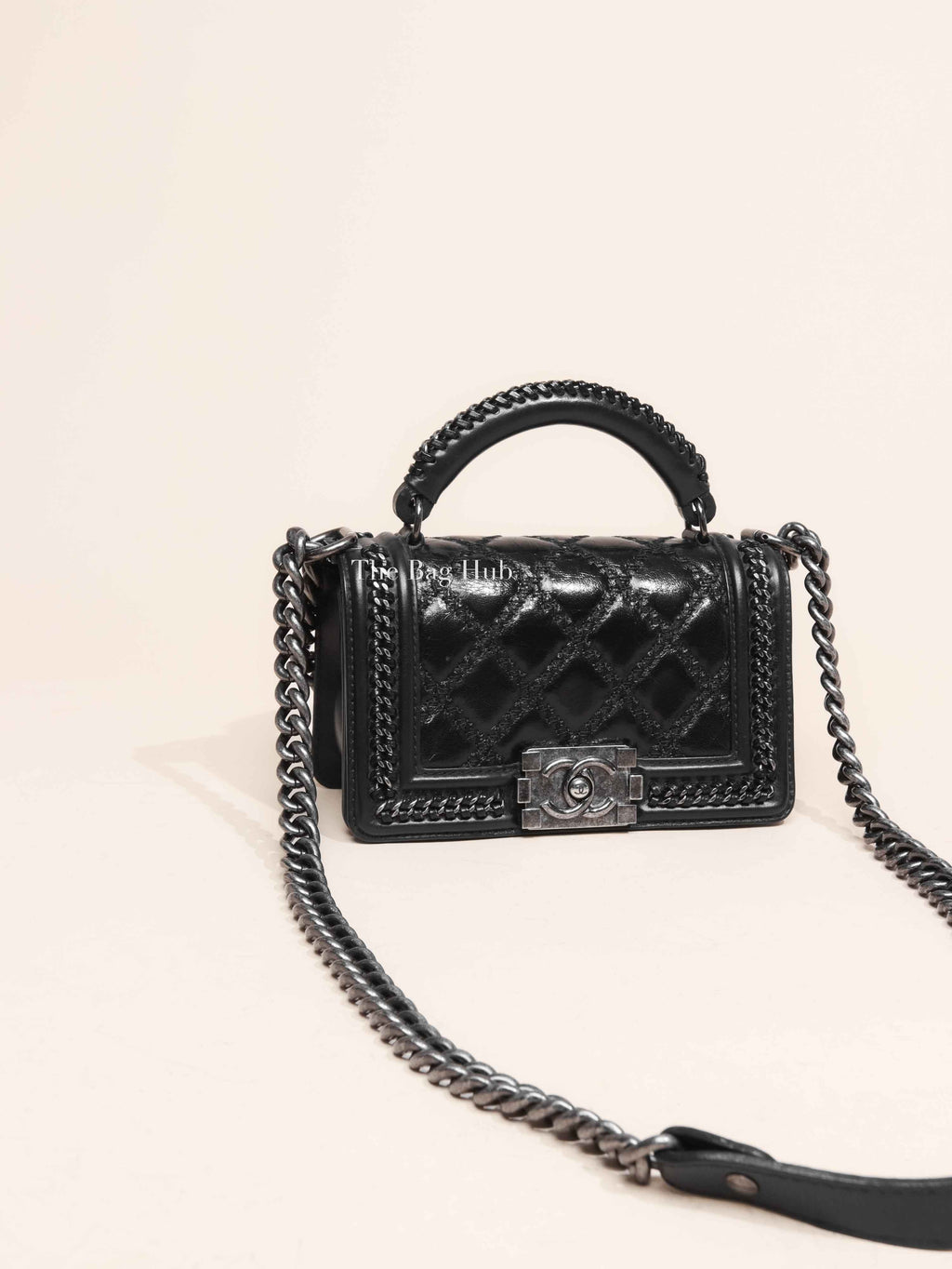 Chanel Charcoal Shiny Goatskin Quilted Small Boy Top Handle Flap Bag