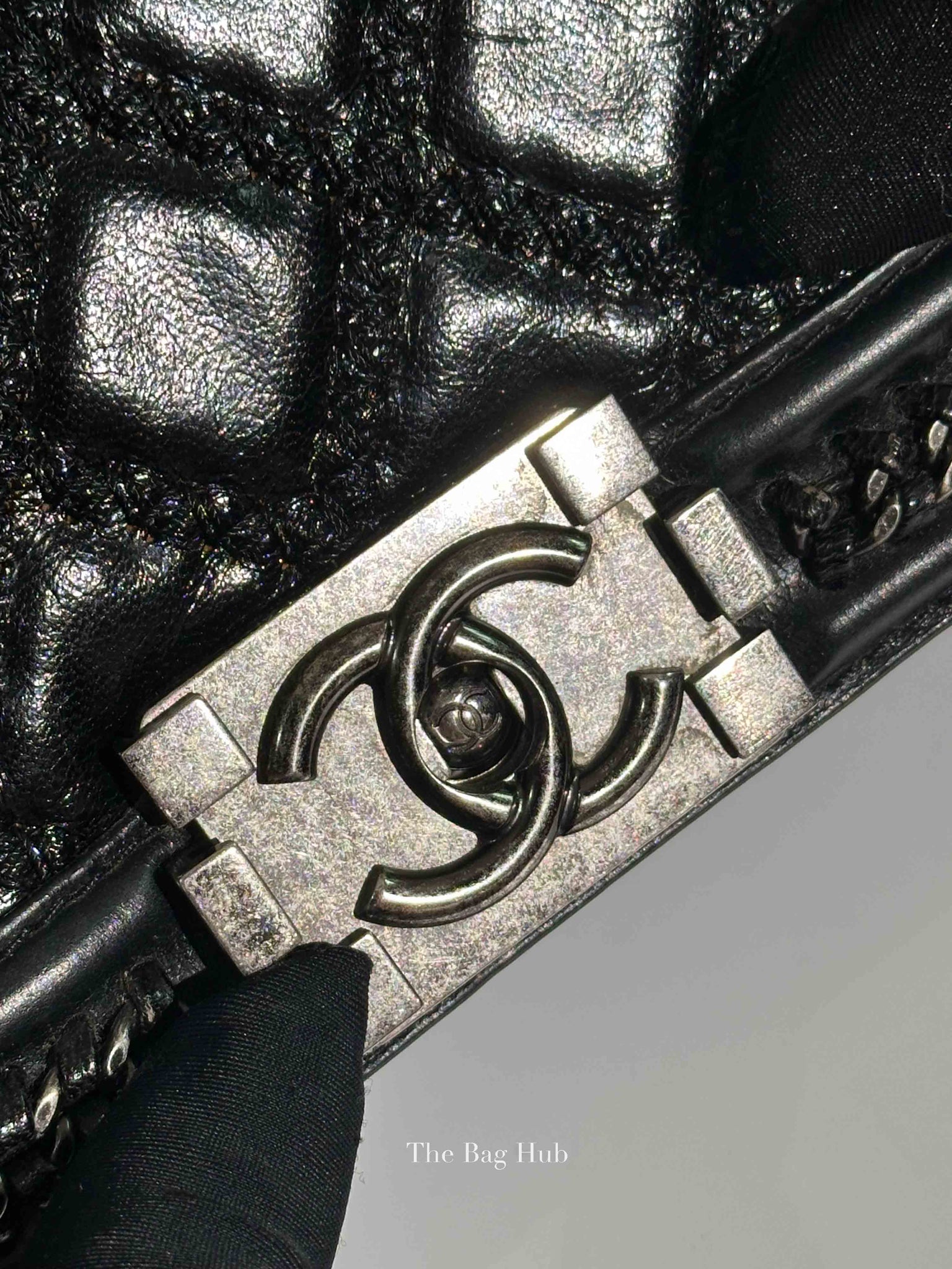 Chanel Charcoal Shiny Goatskin Quilted Small Boy Top Handle Flap Bag