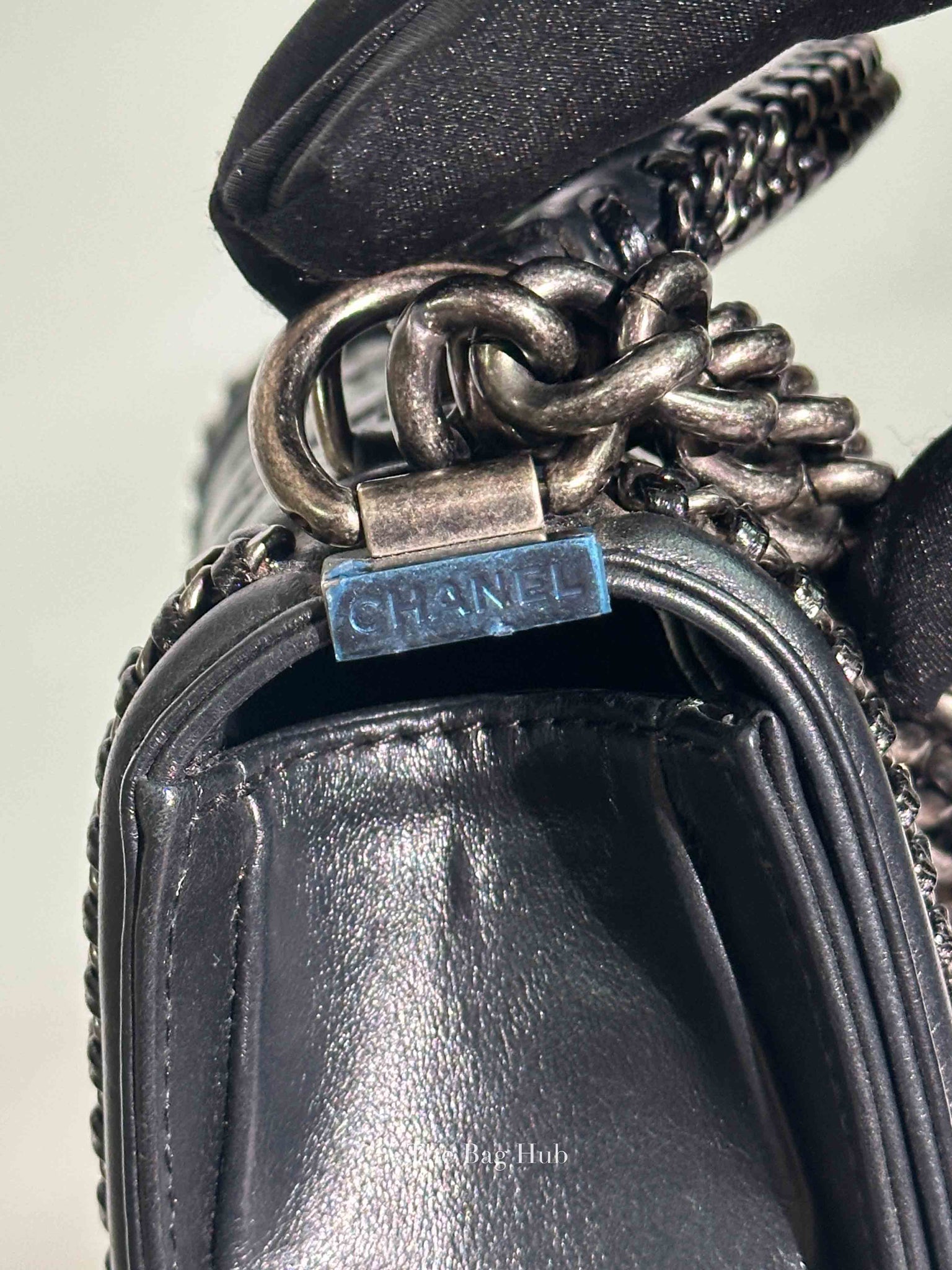 Chanel Charcoal Shiny Goatskin Quilted Small Boy Top Handle Flap Bag