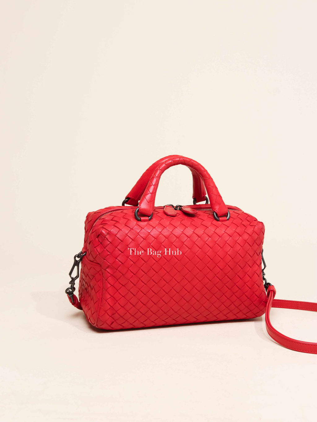 Bottega Veneta Red Intercciato Woven Nappa Leather Boston Bag