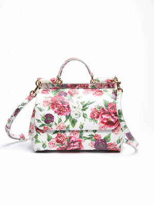 Dolce & Gabbana White Floral Leather Sicily Top Handle Medium Shoulder Bag