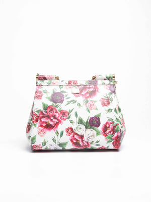 Dolce & Gabbana White Floral Leather Sicily Top Handle Medium Shoulder Bag