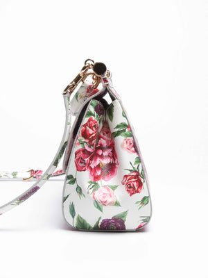 Dolce & Gabbana White Floral Leather Sicily Top Handle Medium Shoulder Bag