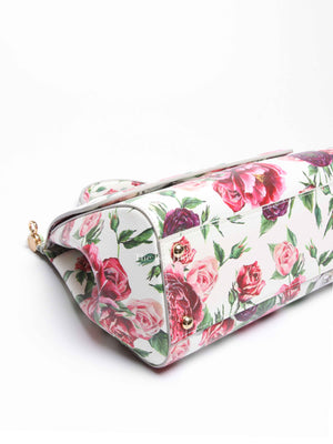Dolce & Gabbana White Floral Leather Sicily Top Handle Medium Shoulder Bag