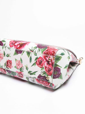 Dolce & Gabbana White Floral Leather Sicily Top Handle Medium Shoulder Bag
