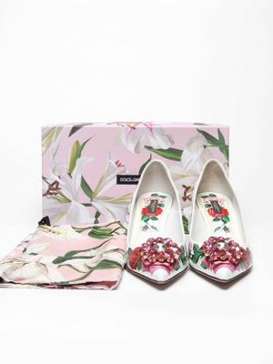 Dolce & Gabbana White Leather Jeweled Floral Print Pointed Toe 65mm Pumps Size 39.5