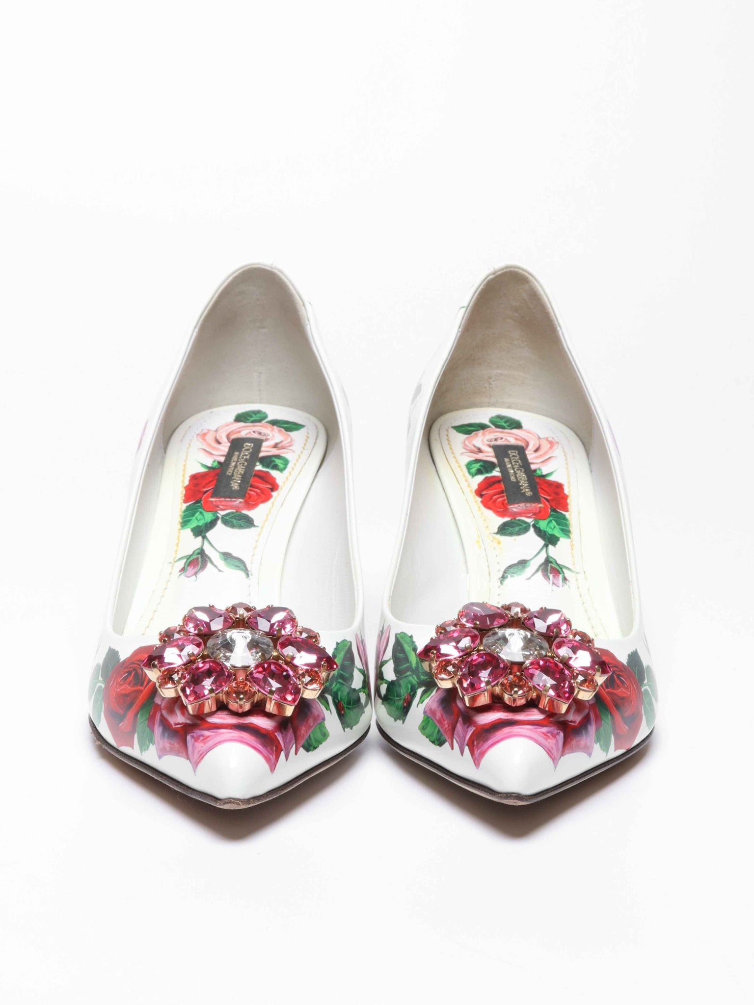 Dolce & Gabbana White Leather Jeweled Floral Print Pointed Toe 65mm Pumps Size 39.5