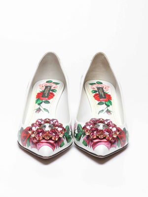 Dolce & Gabbana White Leather Jeweled Floral Print Pointed Toe 65mm Pumps Size 39.5