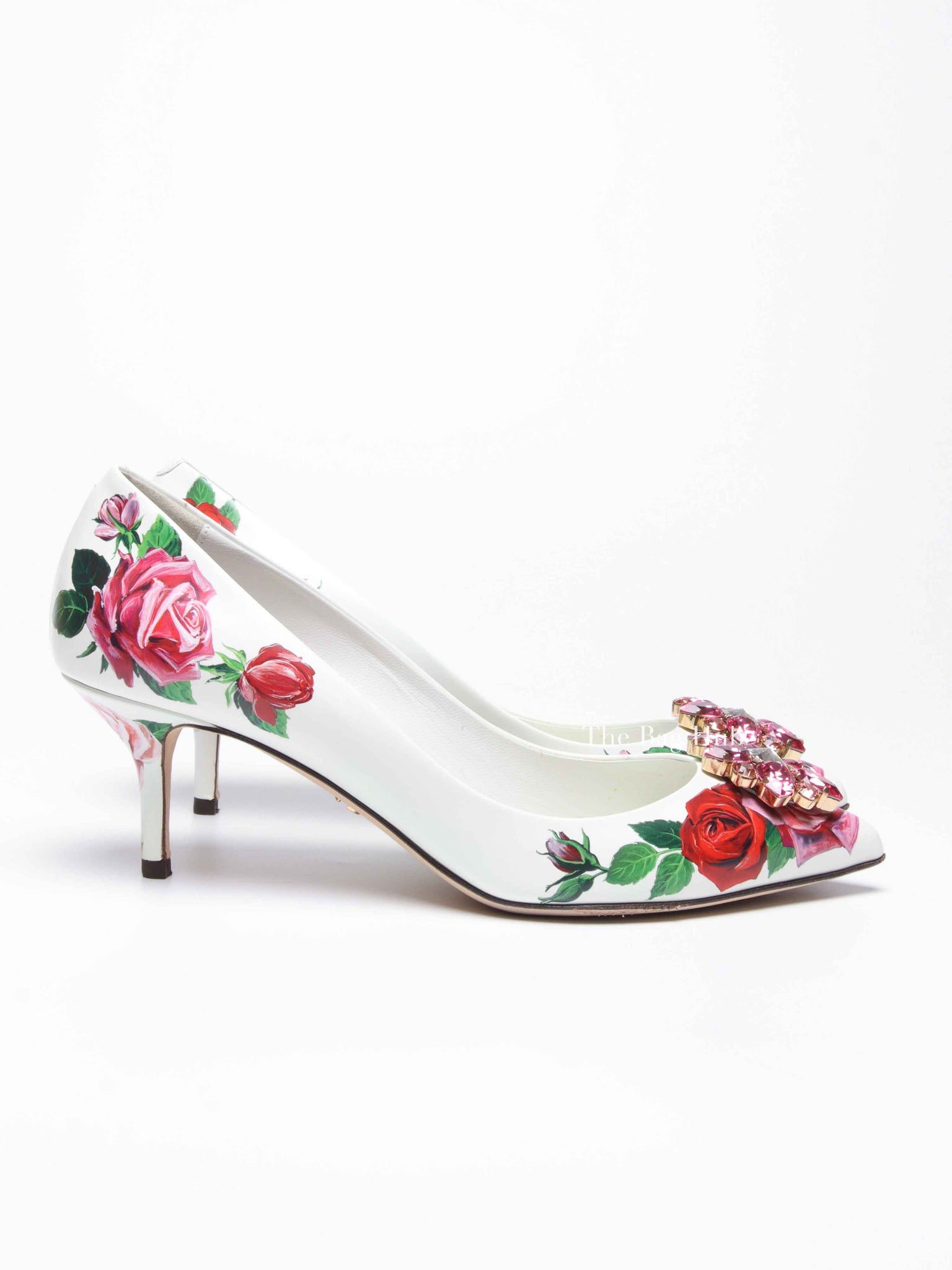 Dolce & Gabbana White Leather Jeweled Floral Print Pointed Toe 65mm Pumps Size 39.5