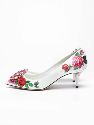 Dolce & Gabbana White Leather Jeweled Floral Print Pointed Toe 65mm Pumps Size 39.5