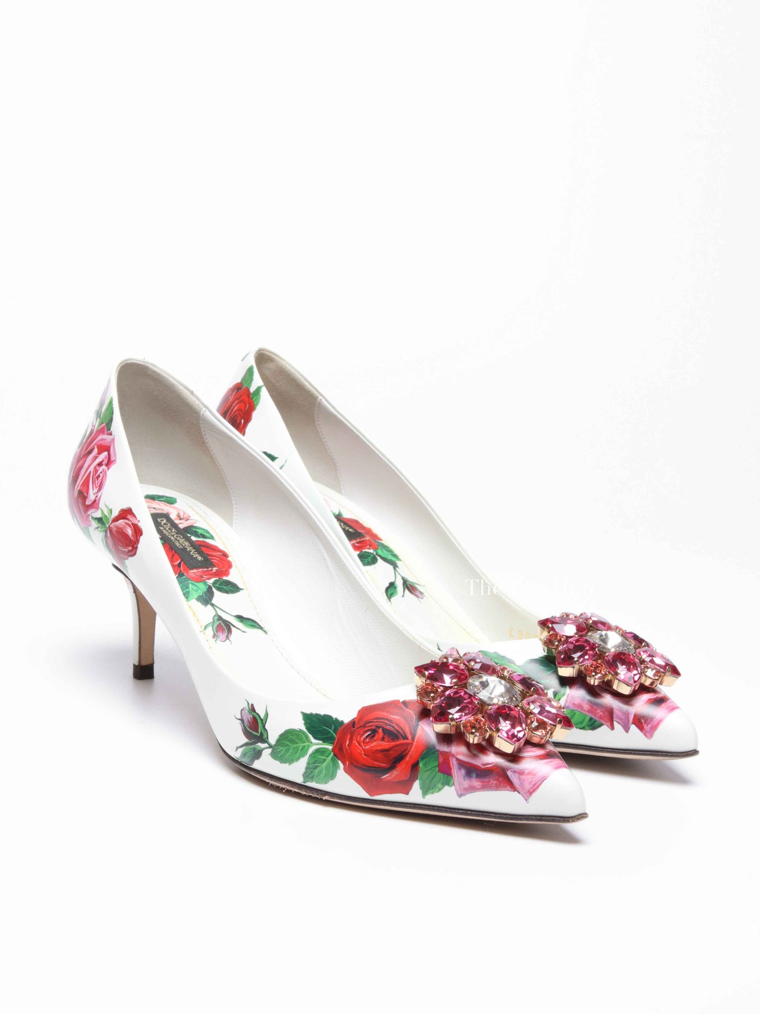 Dolce & Gabbana White Leather Jeweled Floral Print Pointed Toe 65mm Pumps Size 39.5