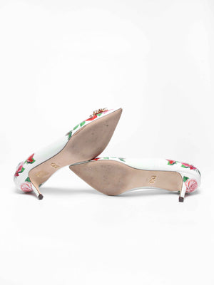 Dolce & Gabbana White Leather Jeweled Floral Print Pointed Toe 65mm Pumps Size 39.5