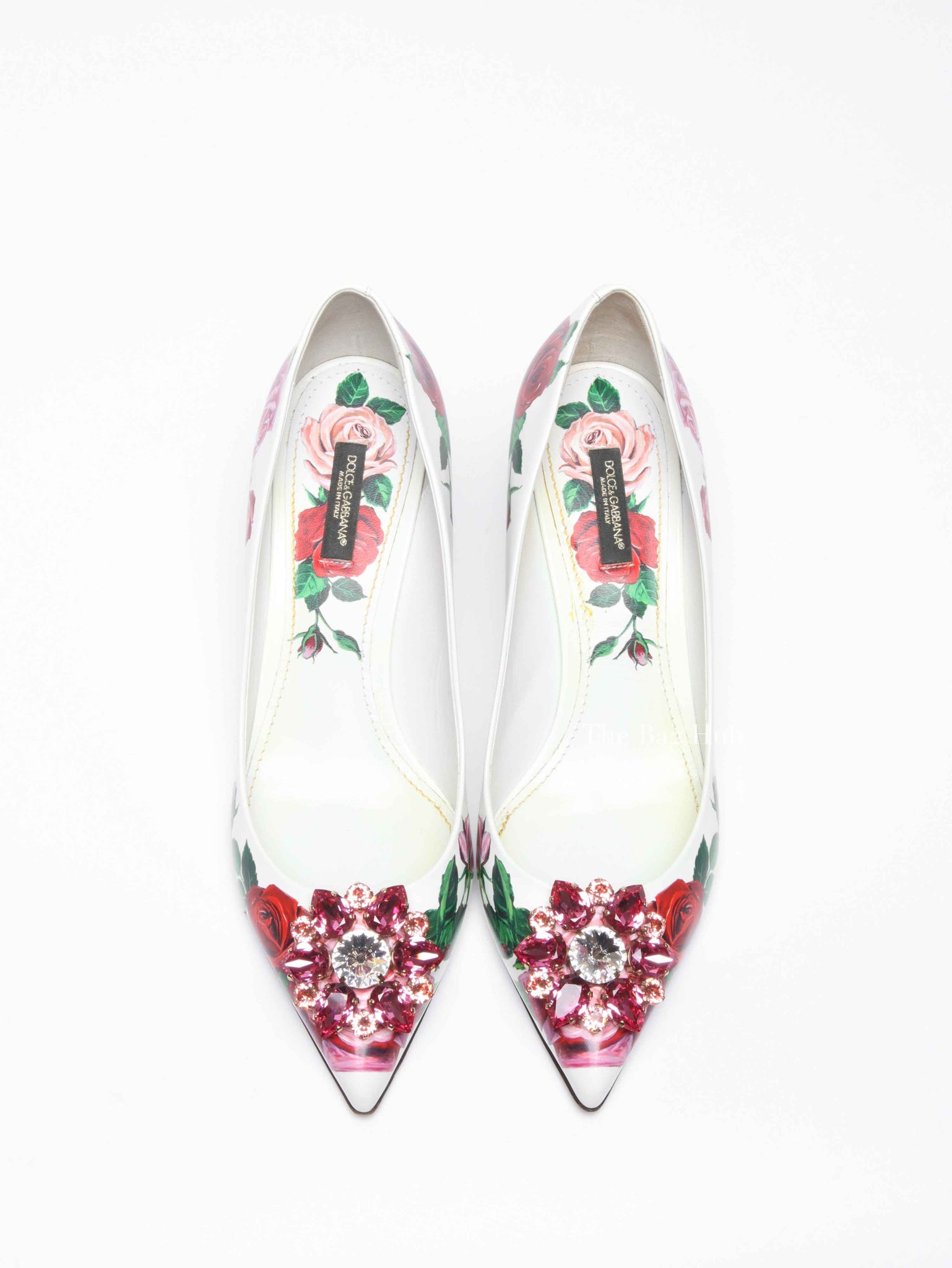 Dolce & Gabbana White Leather Jeweled Floral Print Pointed Toe 65mm Pumps Size 39.5
