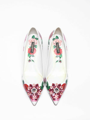 Dolce & Gabbana White Leather Jeweled Floral Print Pointed Toe 65mm Pumps Size 39.5
