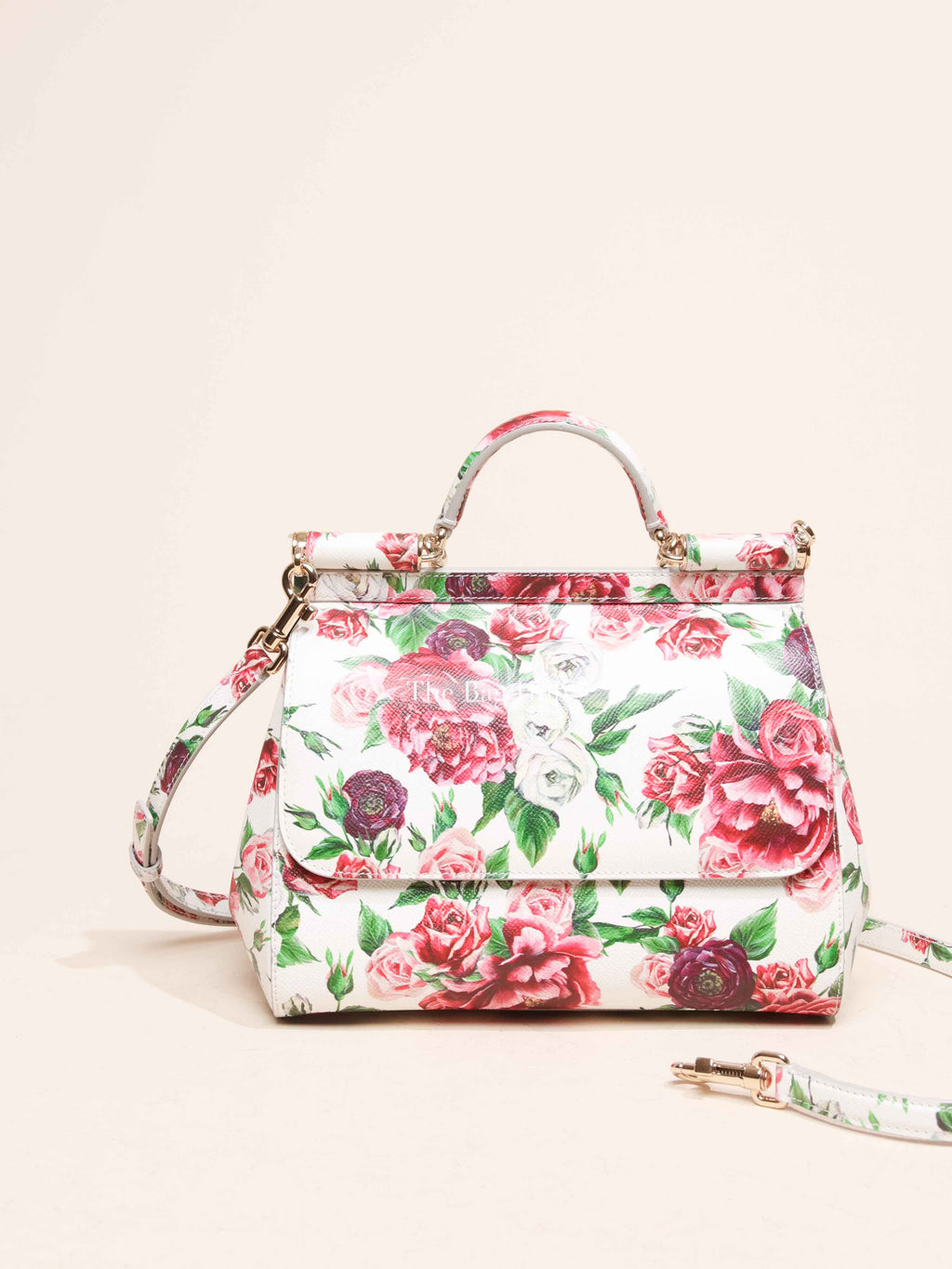 Dolce & Gabbana White Floral Leather Sicily Top Handle Medium Shoulder Bag