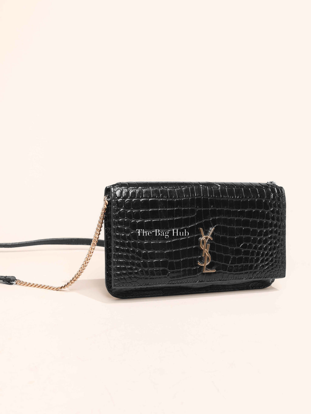 Saint Laurent Black Leather Crocodile Embossed Sunset Phone Holder Crossbody Bag