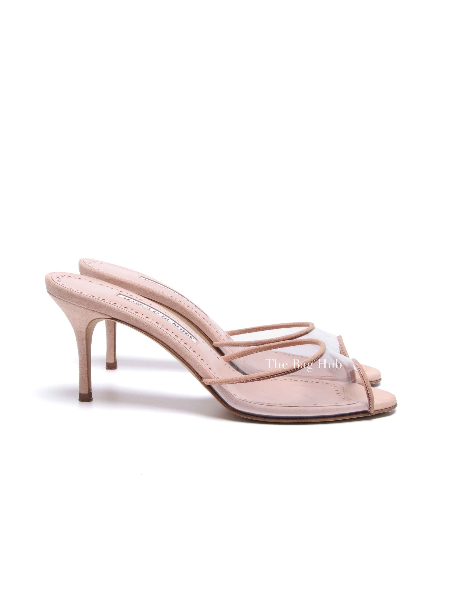 Manolo Blahnik Nude Suade Jadifa Clear Stiletto Mule Sandals Size 37