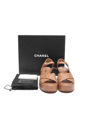 Chanel Beige Lambskin Quilted CC Platform Sandals Size 37.5